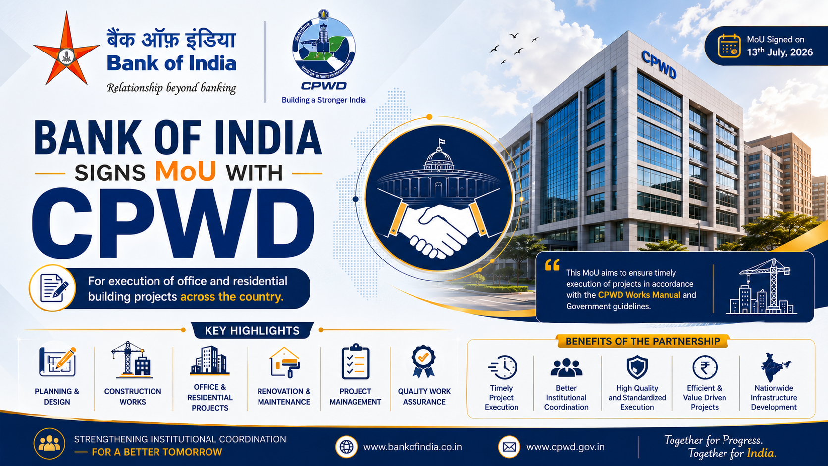 The Bank of India (BOI) has signed a Memorandum of Understanding (MoU) with the Central Public Works Department (CPWD) - Nivix India